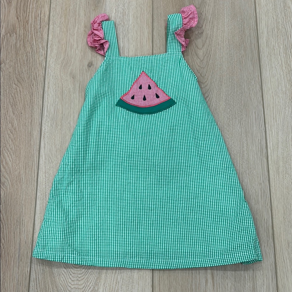 Stitchy Fish Green Gingham Dress with Watermelon Patch